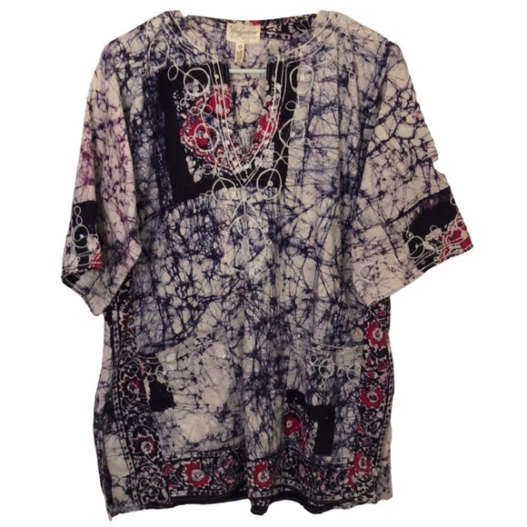 WEDGEWOOD cotton tie dye embroidered Asian print bohemian boho blouse size XL - Picture 1 of 12
